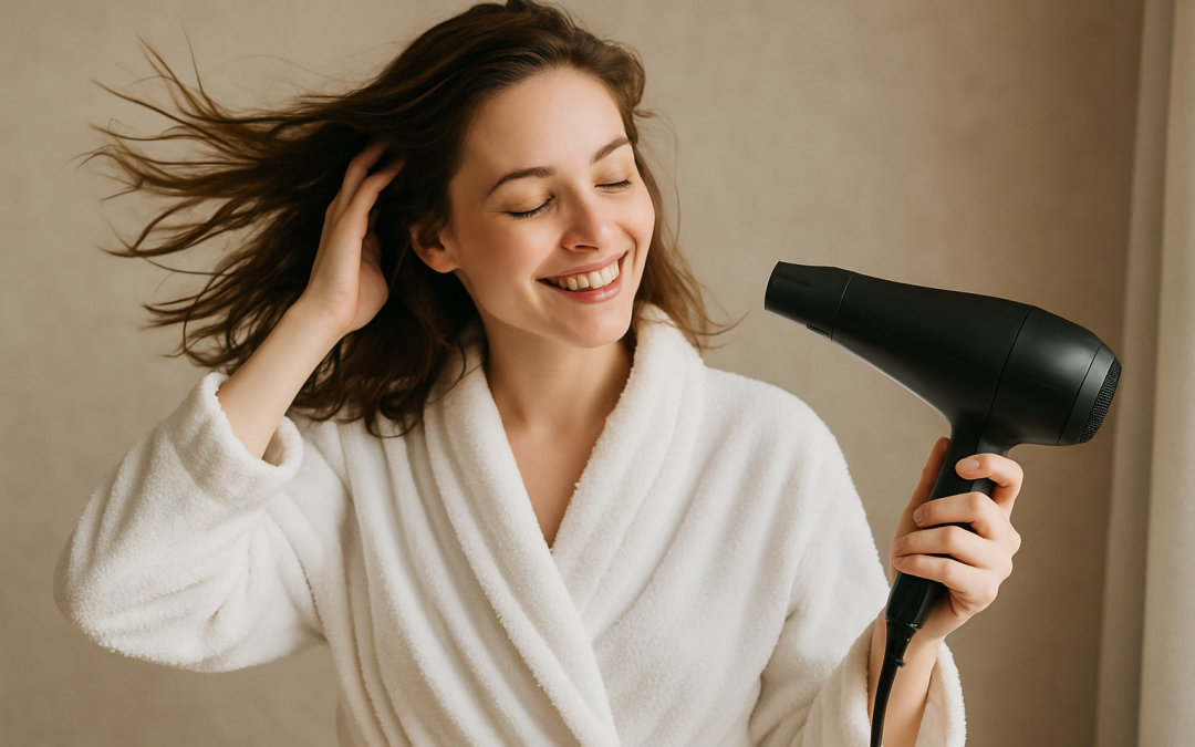 Une femme en peignoir qui sèche ses cheveux
