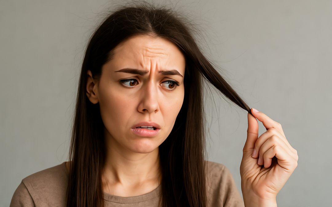 Femme préoccupée par l'apparition de frisottis sur ses cheveux lisses